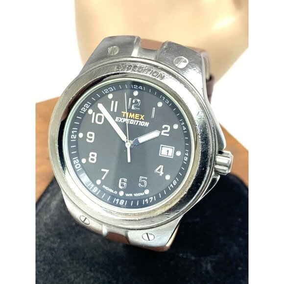 Timex Men's Watch Expedition Quartz Indiglo Gunmetal Brown Leather Strap 40mm - Picture 1 of 13
